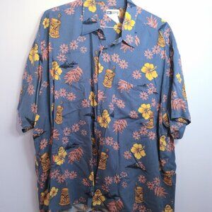 Vintage Men's Hawaiian Camp Shirt XXL Tiki Lotus Flowers Aloha Blue Yellow